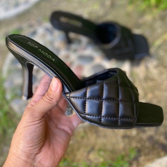 Quilted Stiletto Kitten Heels and Square Toe Mules Sandals - Picture 6 of 6